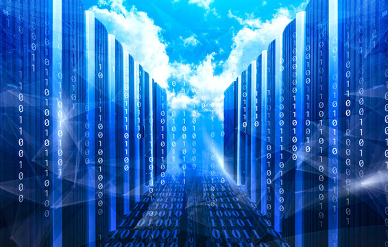 Image of data center against idyllic view of bright sun over clouds during sunny day. Concept of big data - Powered by Adobe