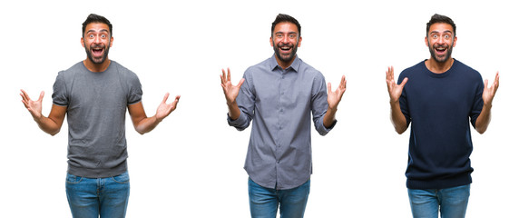 Collage of handsome young indian man over isolated background celebrating crazy and amazed for success with arms raised and open eyes screaming excited. Winner concept