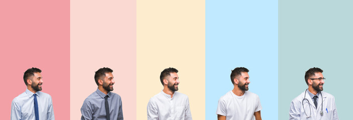 Collage of handsome man over colorful stripes isolated background looking away to side with smile on face, natural expression. Laughing confident.