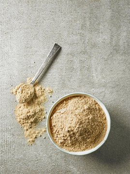 Overhead view of maca powder in bowl