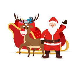 Vector cartoon sleigh, reindeers, sled with Santa Claus.