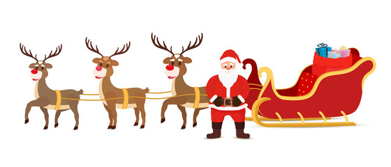 Vector cartoon sleigh, reindeers, sled with Santa Claus.