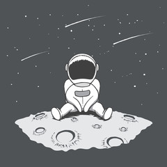 Naklejka premium Cute astronaut sits on Moon and looking to stars.Space theme.Hand drawn vector illustration