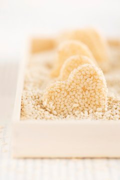 Homemade heart-shaped sesame seed sweets