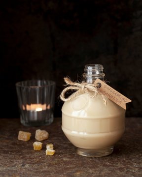 Homemade gingerbread liqueur in decorative bottle