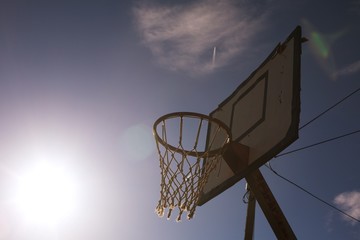 basketball hoop on background of blue sky