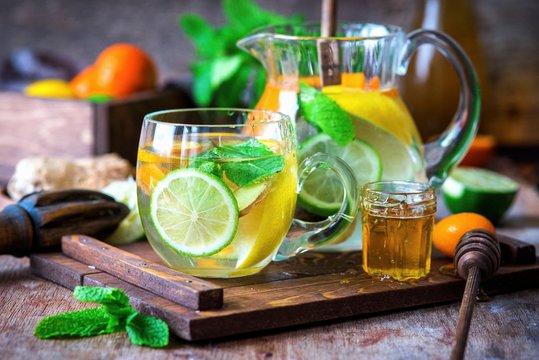 Citrus water with mint, ginger and honey