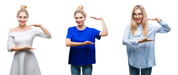 Obraz premium Collage of young beautiful blonde woman over isolated background gesturing with hands showing big and large size sign, measure symbol. Smiling looking at the camera. Measuring concept.