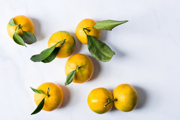 Group of mandarins with green leaves on a gray background. Citruses and vitamins.