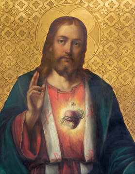 PRAGUE, CZECH REPUBLIC - OCTOBER 13, 2018: The painting of Heart of Jesus church kostel Svatého Václava by unknown artist of 19. cent.