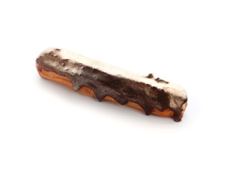 Tasty eclair on white background