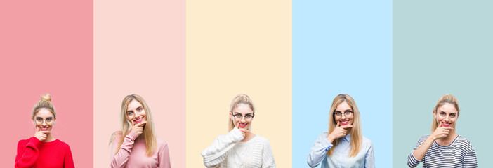 Fototapeta premium Collage of young beautiful blonde woman over vivid colorful vintage isolated background looking confident at the camera with smile with crossed arms and hand raised on chin. Thinking positive.