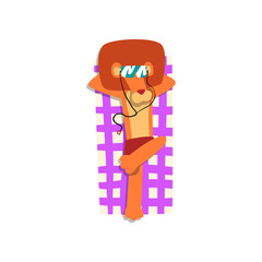 Lion sunbathing on the beach, cute animal cartoon character relaxing on the seashore at summer vacation vector Illustration on a white background