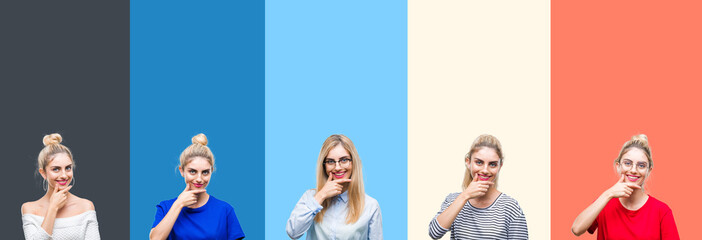 Collage of young beautiful blonde woman over vivid colorful vintage stripes isolated background looking confident at the camera with smile with crossed arms and hand raised on chin. Thinking positive.