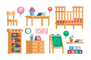 Set childrens room interior furniture collection