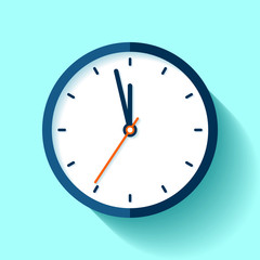 Clock icon in flat style, round timer on blue background. Five minutes to twelve. Simple watch. Vector design element for you business projects