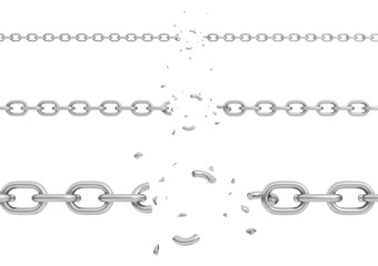 3d rendering of three parts of metal chains with different thickness broken in their centers.