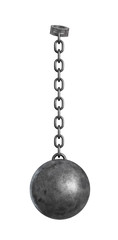 3d rendering of a heavy iron ball connected with a chain to a round shackle.