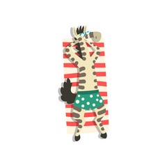Zebra sunbathing on the beach, cute animal cartoon character relaxing on the seashore at summer vacation vector Illustration on a white background