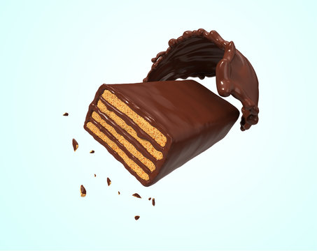 Crispy wafer with chocolate splash, with clipping path 3d illustration.