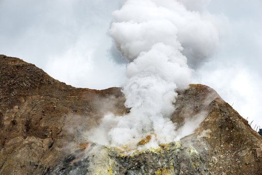volcano steam papandayan in indonesia