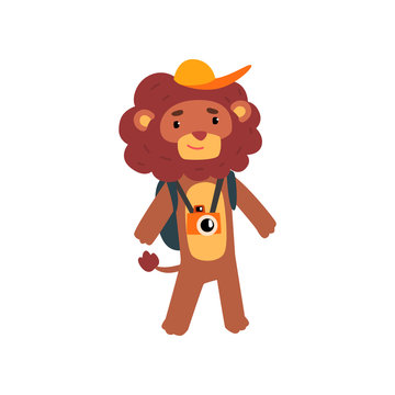 Lion animal cartoon character traveling on vacation vector Illustration on a white background