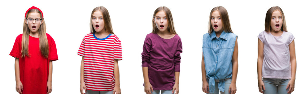 Collage of young beautiful little girl kid over isolated background afraid and shocked with surprise expression, fear and excited face.