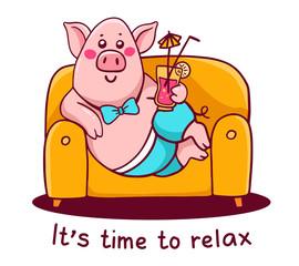 Vector illustration of pink color character pig in pants lying on the sofa with cocktail on white background.