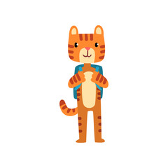 Cute tiger standing with backpack, funny animal cartoon character, school education and knowledge concept vector Illustration on a white background
