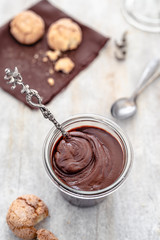 homemade vegan chocolate cream with almond butter, cocoa, sugar, rum, amaretti biscuit (italian almond biscuit)