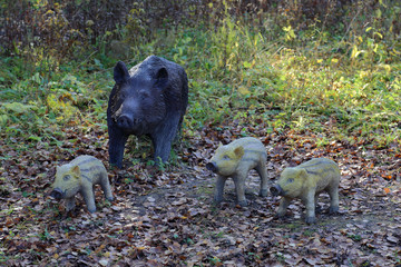 Figures of wooden boars in the autumn forest park zone
