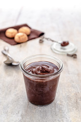 homemade vegan chocolate cream with almond butter, cocoa, sugar, rum, amaretti biscuit (italian almond biscuit)
