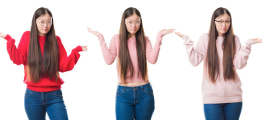 Collage of young beautiful Chinese woman over isolated background clueless and confused expression with arms and hands raised. Doubt concept.