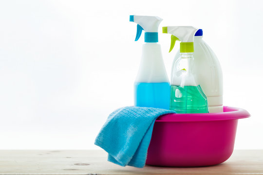 Cleaning set for different surfaces in kitchen, bathroom and other rooms at home.