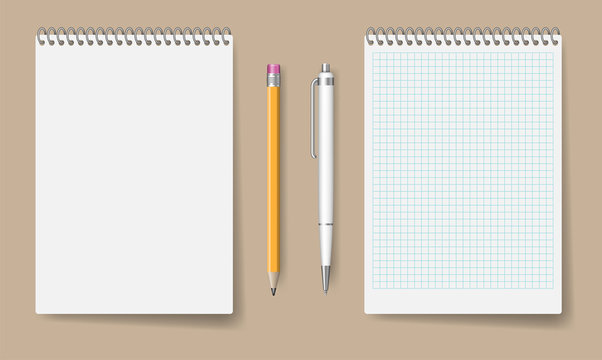 Blank spiral notebook mockup for corporate identity and branding. Realistic notepad with pen and pencil isolated vector illustration
