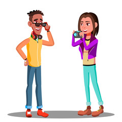 Photographer Girl Taking Pictures Posing Friend Guy Vector. Isolated Illustration