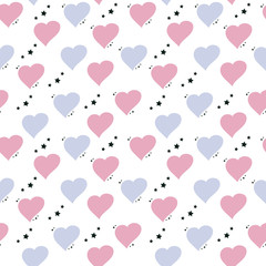 Cute seamless pattern with hearts and asterisks in pastel colors, vector. Good for print on fabric, wallpaper, wrapping paper, children's room decor and more.
