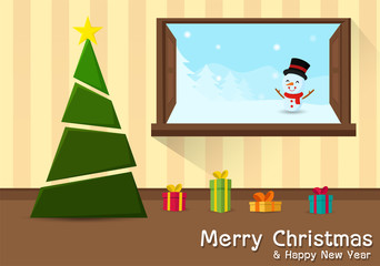 Merry Christmas and Happy New Year. Christmas tree and gift box at home Look through the window to meet the snowman.
