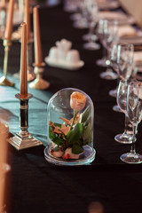 Rose in a glass flask. Wedding decor, interior. Festive. Banquet table