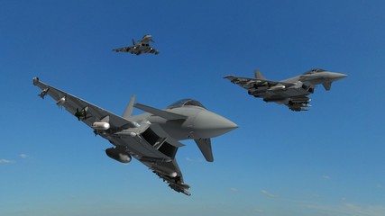 Fototapeta na wymiar military fighter jets - modern armed military fighter jets flys in formation