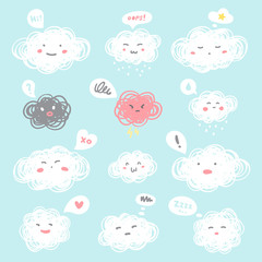 Fototapeta premium Hand drawn doodle style illustration. Cute fluffy clouds with flat cartoon emoji faces and speech bubbles. Emoticons with facial expressions, emotions - anger, love, surprise, shame, joy, distrust.
