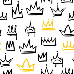 Various doodle crowns. Hand drawn vector seamless pattern