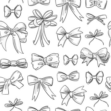 Hand drawn various bow ties. Black and white vector seamless pattern