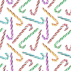 Candy canes seamless pattern.  Holiday Background. Watercolor Illustration.