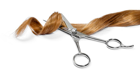 Beautiful blond hair and scissors, isolated on white background. Long blonde hair tail, curly and healthy hair, hair cutting theme.