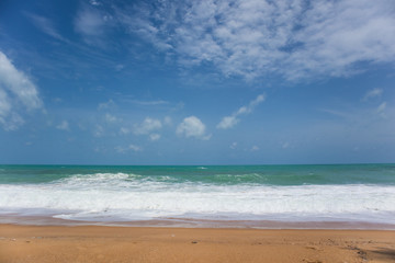 Fototapeta na wymiar foamy wave splashing on sandy beach