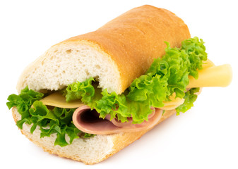 Fresh baguette sandwich with ham, cheese, tomatoes, and lettuce isolated on white background