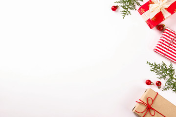 Christmas mood concept. Layout composition with traditional festive attributes, green decorative fresh pine tree branches. Winter holidays season. Background, copy space, close up, top view, flat lay.