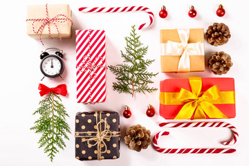 Christmas mood concept. Layout composition with traditional festive attributes, green decorative fresh pine tree branches. Winter holidays season. Background, copy space, close up, top view, flat lay.