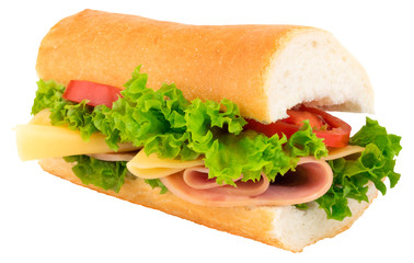 Fresh baguette sandwich with ham, cheese, tomatoes, and lettuce isolated on white background